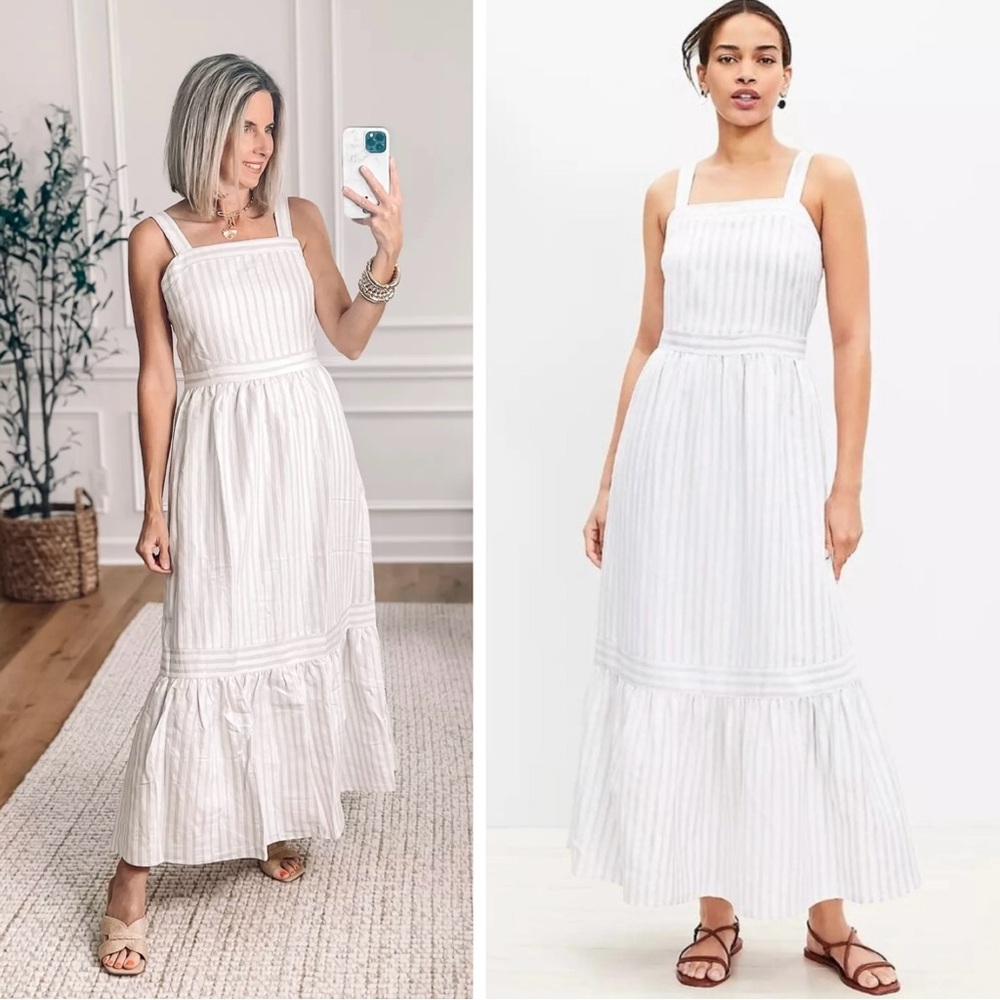 NWT LOFT Linen Blend Square Neck Midi Dress in Shimmer Stripe